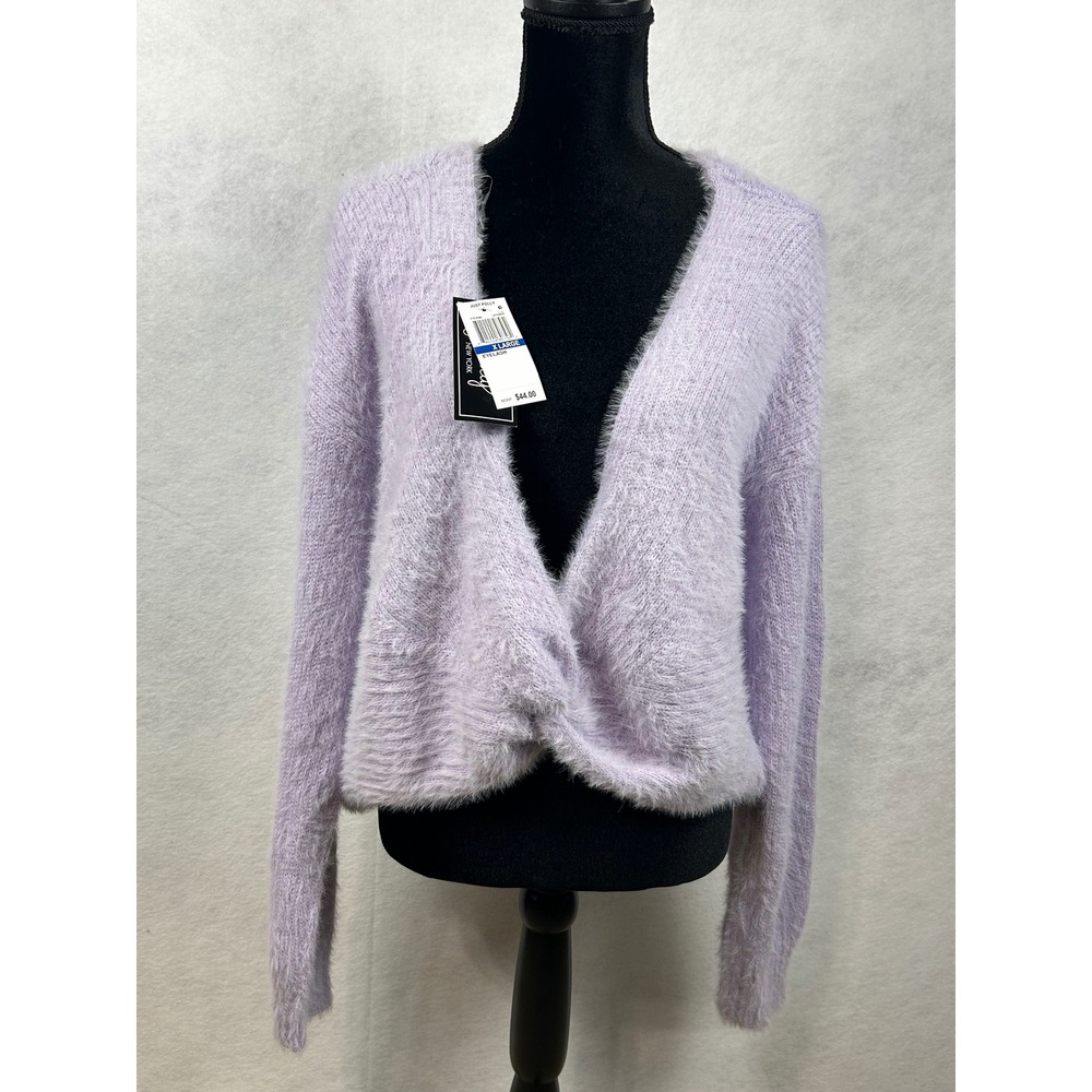 Just Polly New York Eyelash Knit Twist Front Sweater Lavender Purple XL NEW